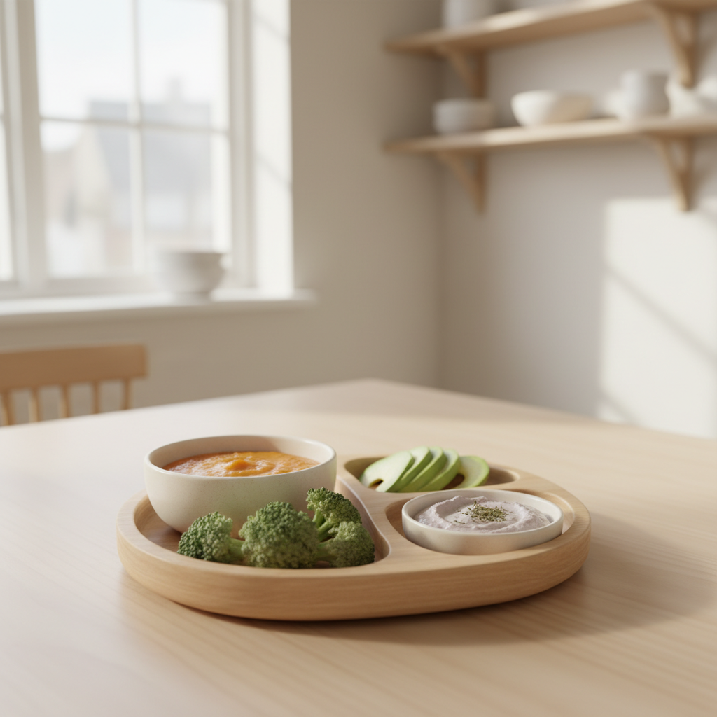 Fargerike vegetariske babymåltider med linser, grønnsaker og bønner på et skandinavisk kjøkkenbord