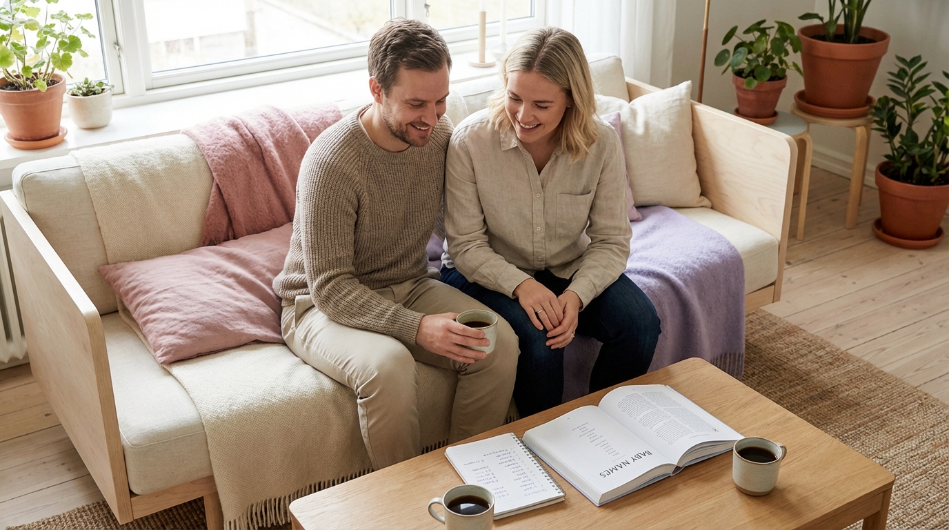 Par som blar i en navnebok sammen i et lyst skandinavisk hjem