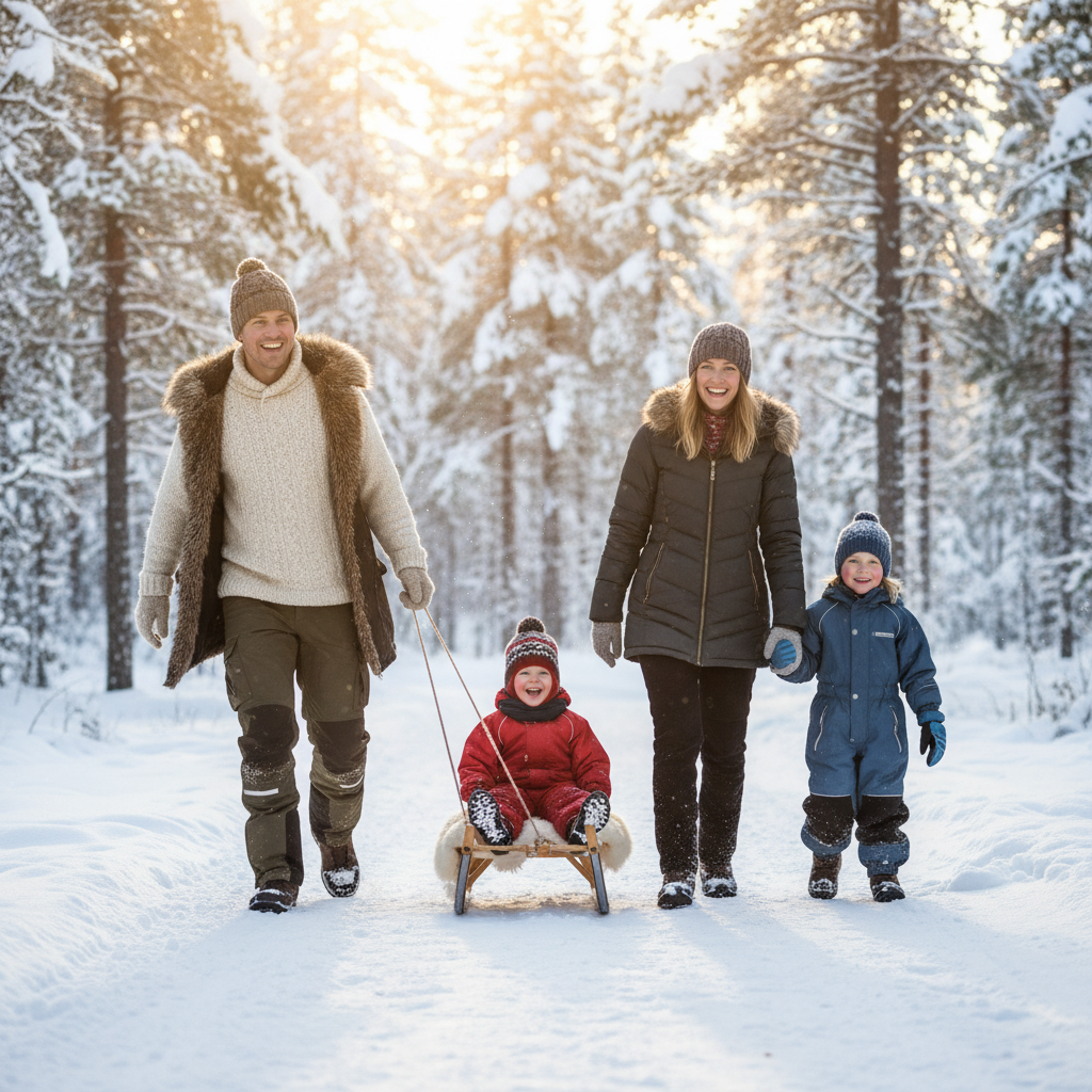 Familie på vintertur i norsk natur, godt kledd med glade barn