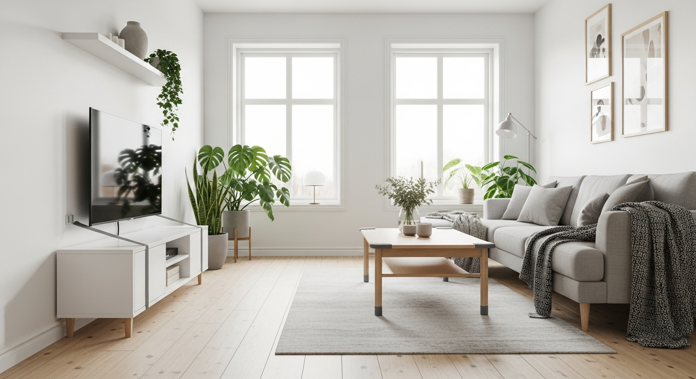 Scandinavian living room baby-proofed with safety features