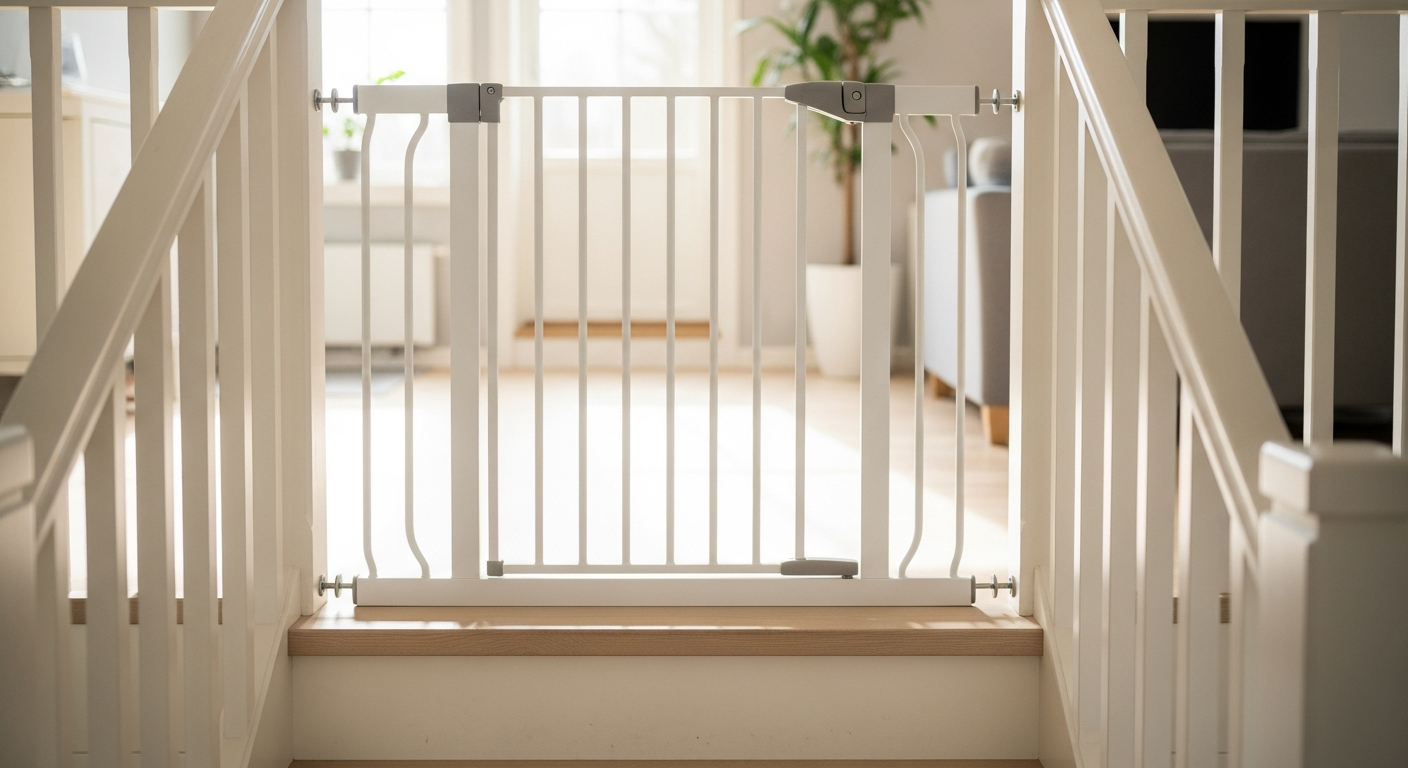 White safety gate installed at stairs in Nordic home