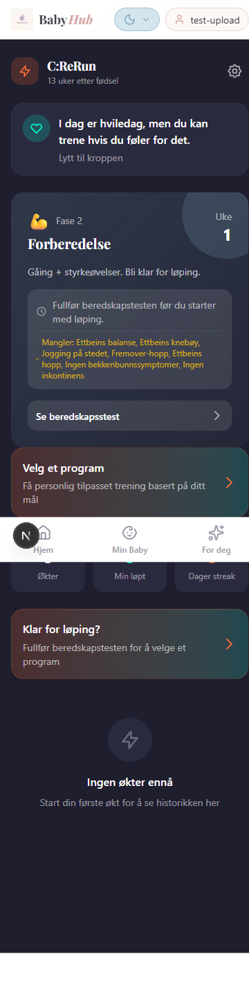C:ReRun app dashboard som viser treningsfremgang